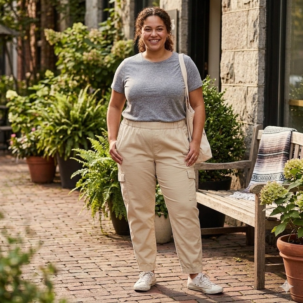 Gap‎ Womens Tan Khaki Elastic Waist Cargo Pants Tapered Leg Size Large Utility